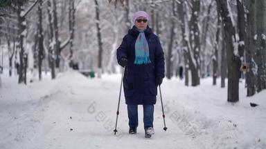 活跃的高级上了年纪的女人培训北欧走徒步旅行波兰人上了年纪的女人练习北欧走在户外冬天